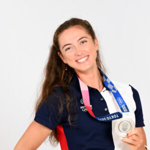 Claire Bove (Fra) poses with her Silver Medals won in Rowing women's lightweight Double Sculls during the Olympic Games Tokyo 2020, at Club France, on July 28, 2021, in Tokyo, Japan, Photo Philippe Millereau / KMSP || 000364_0076  SPORT 2021 SILVER MEDAL MEDAL STUDIO MEDAILLE OLYMPIC GAMES JEUX OLYMPIQUES